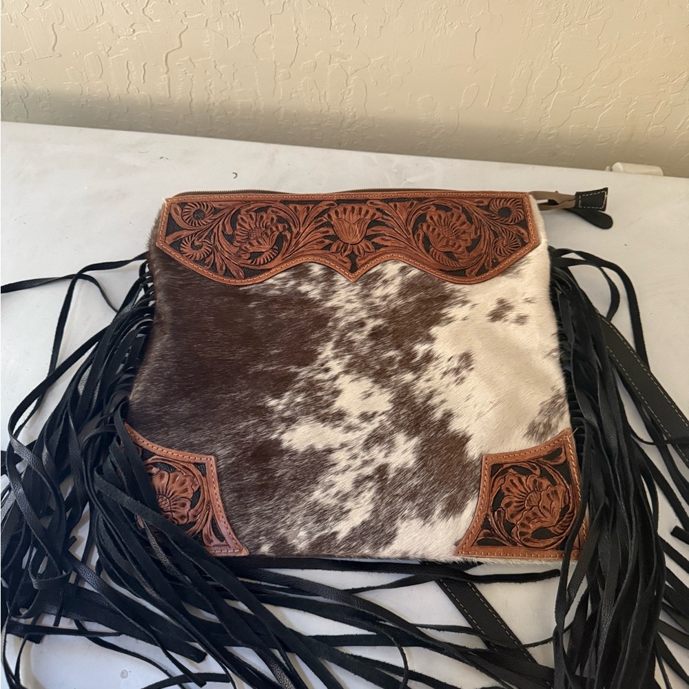Cowhide Brown and Tan Crossbody Bag with Western Leather Fringe